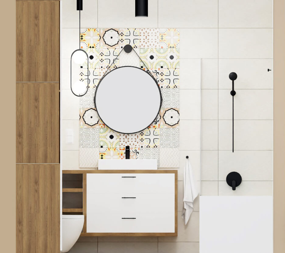 mała łazienka ściana z dekorem patchwork