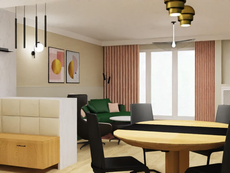 projekt mieszkania warszawa, salon z jadalnią