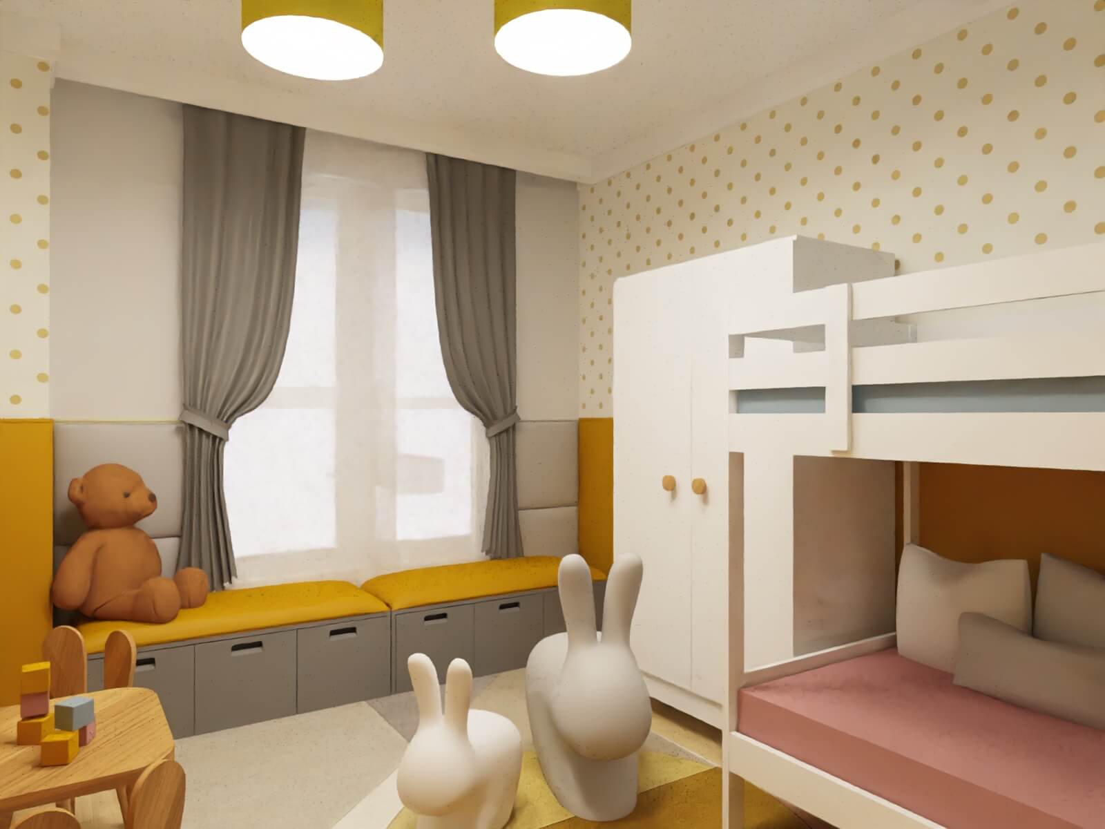 żółto szary pokój dziecięcy - tapicerowane siedzisko na zabawki