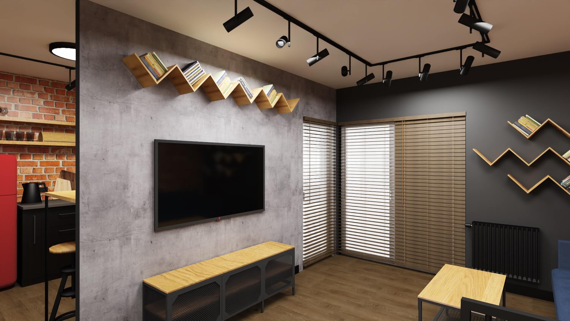 męskie mieszkanie projekt salonu - betonowa ściana z TV 