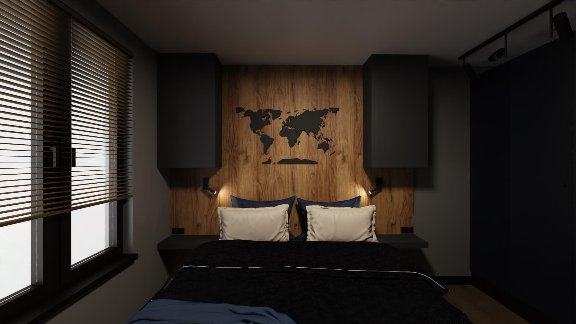 męskie mieszkanie projekt sypialni - czarna mapa świata nad łóżkiem 