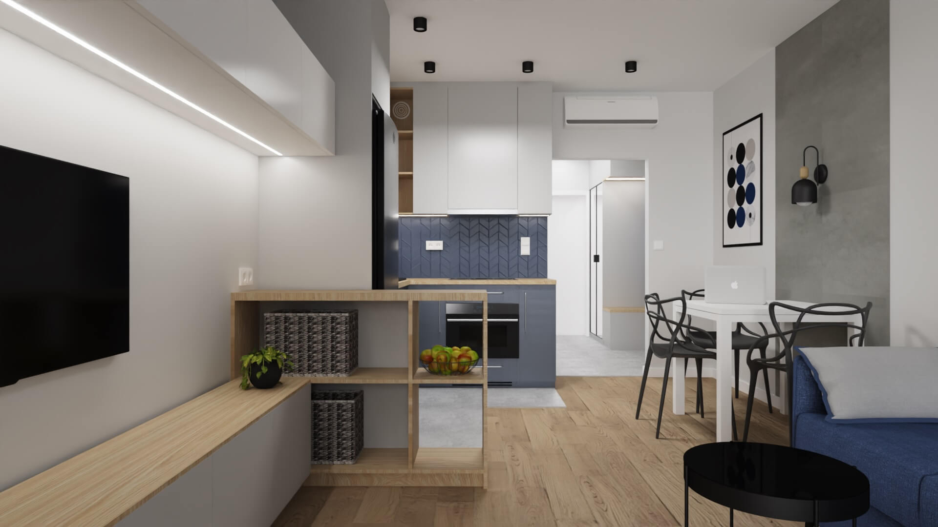 projekt wnętrza mieszkania na wynajem - wyspa między kuchnią a salonem