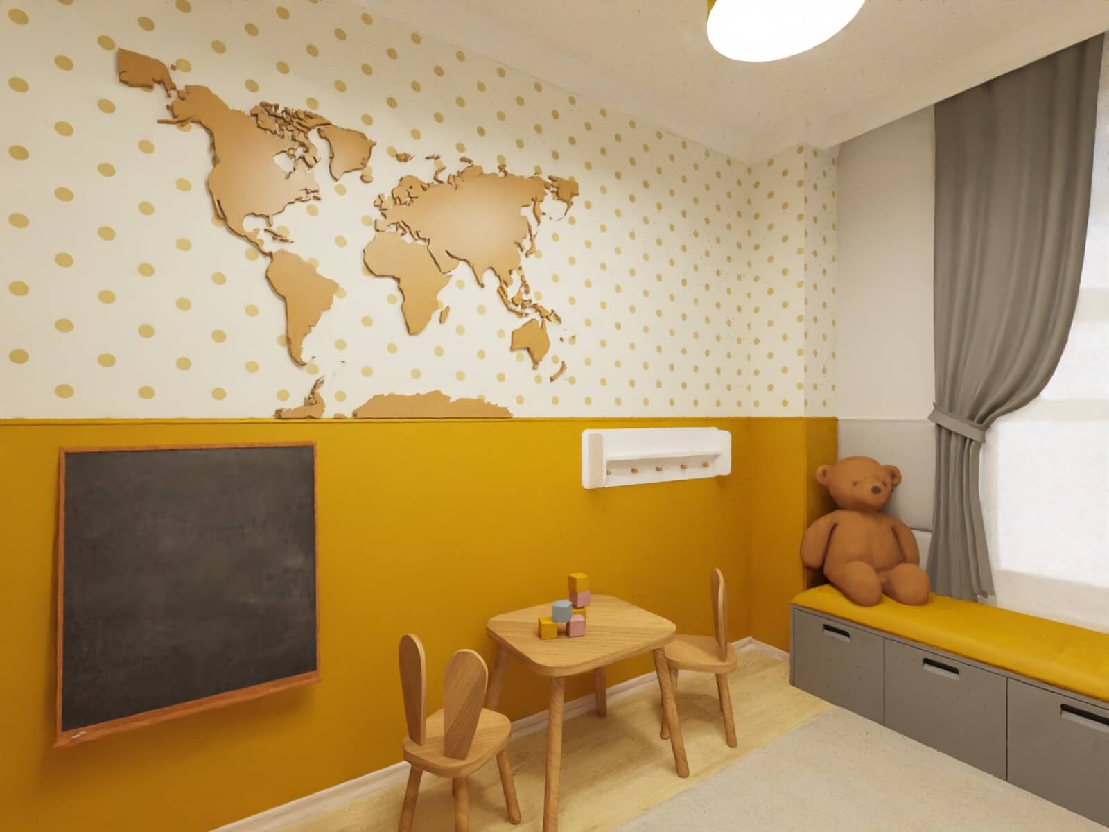 żółto szary pokój dziecięcy z motywem mapy świata ze sklejki