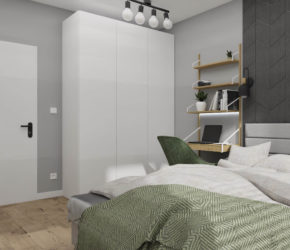 projekt wnętrza mieszkania na wynajem sypialnia z zielonymi dodatkami