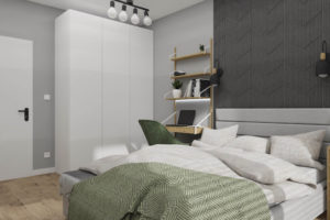 projekt wnętrza mieszkania na wynajem sypialnia z zielonymi dodatkami