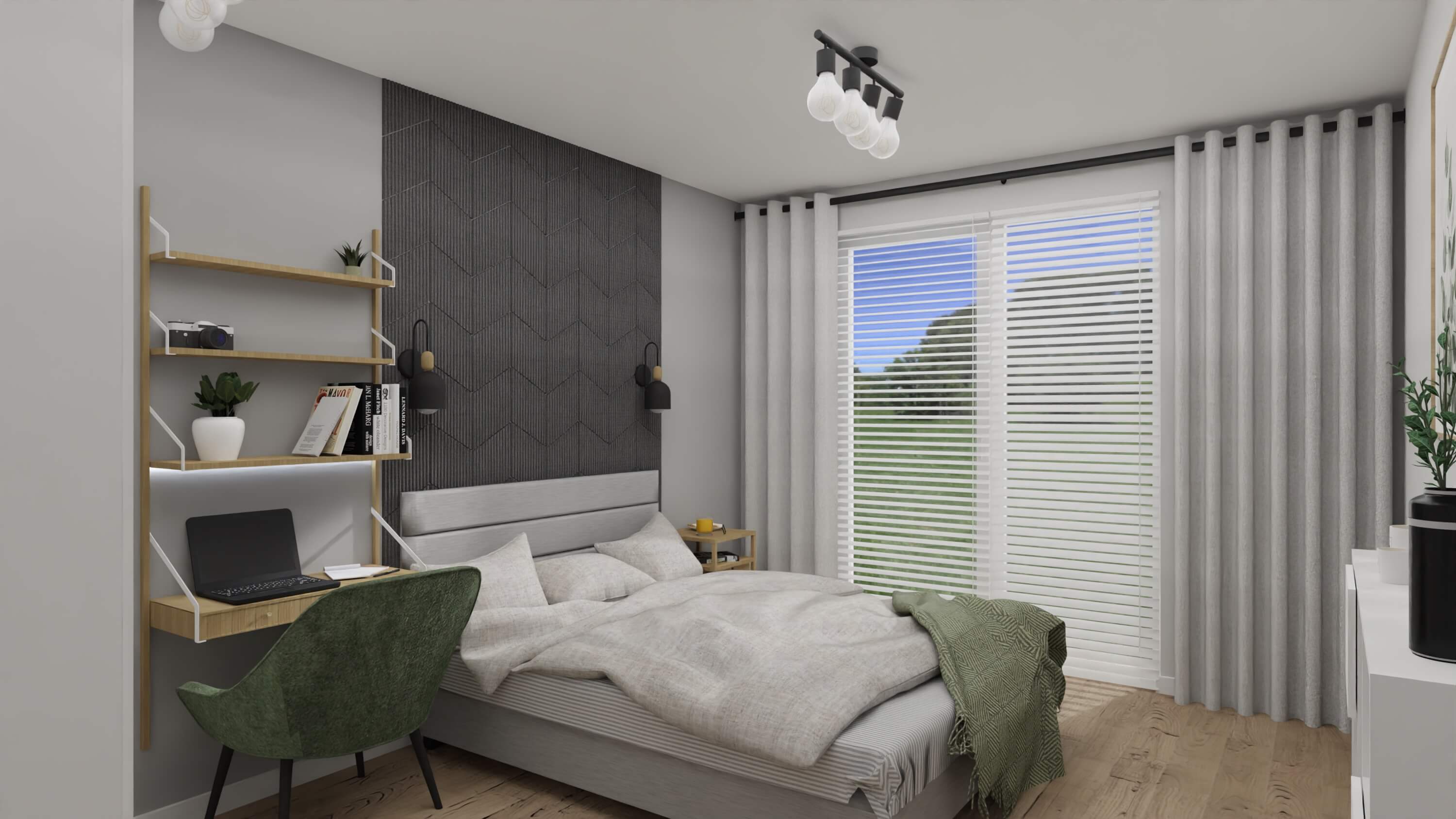 projekt wnętrza mieszkania na wynajem - ściana korkowa w sypialni