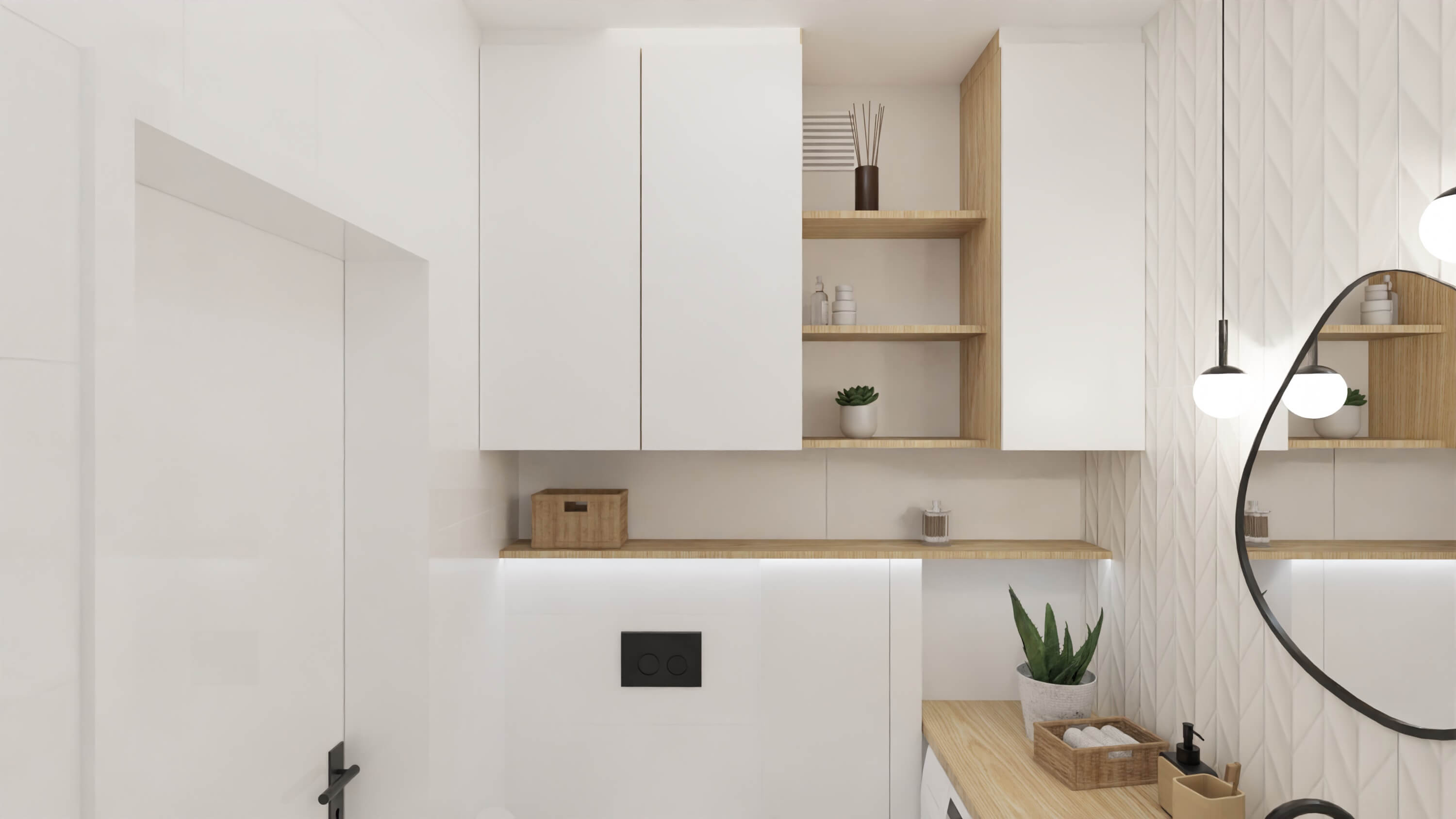 projekt wnętrza mieszkania na wynajem - biała łazienka z elementami drewna