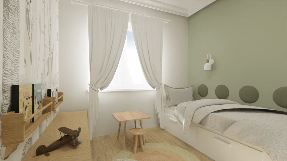 Zielony pokój dziecięcy - okrągłe panele nad łóżkiem