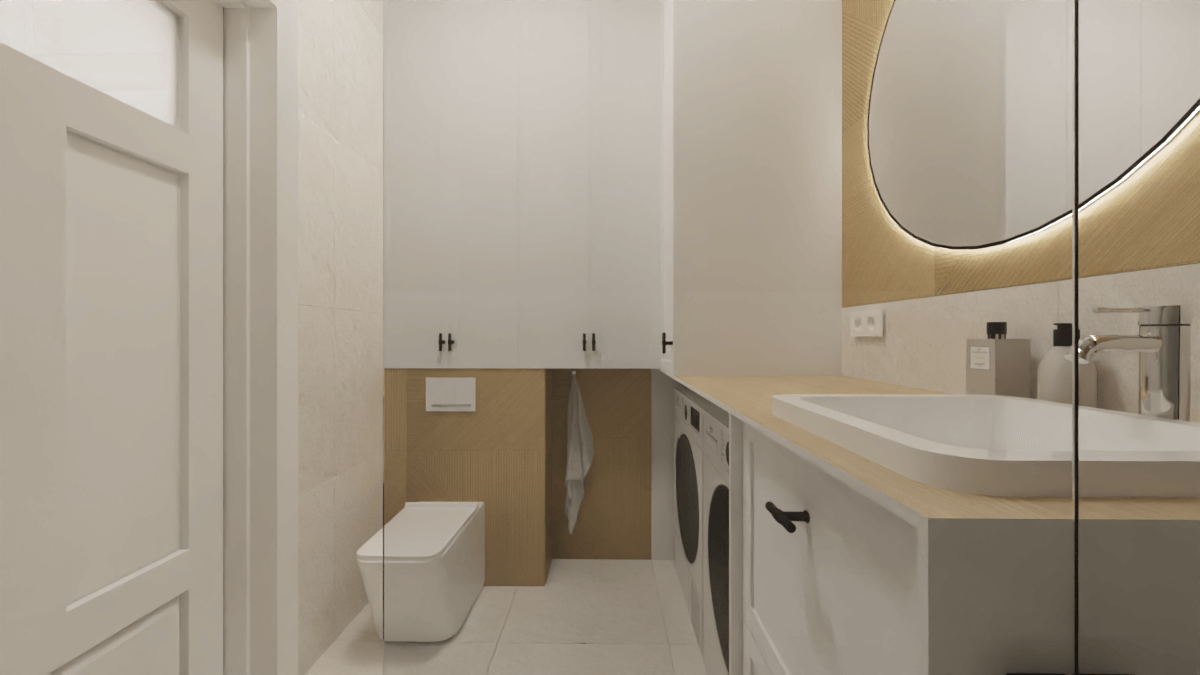 zabudowa pieca, jasna łazienka z drewnem - projekt wnętrza w stylu rustykalnym klasycznym cottage 